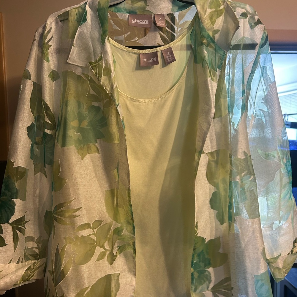 Chico's Green Floral Sheer Blouse with Tank